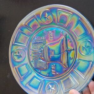 Liberty Bell Wheaton Glass Millville NJ Blue Carnival Glass Collectors Plate